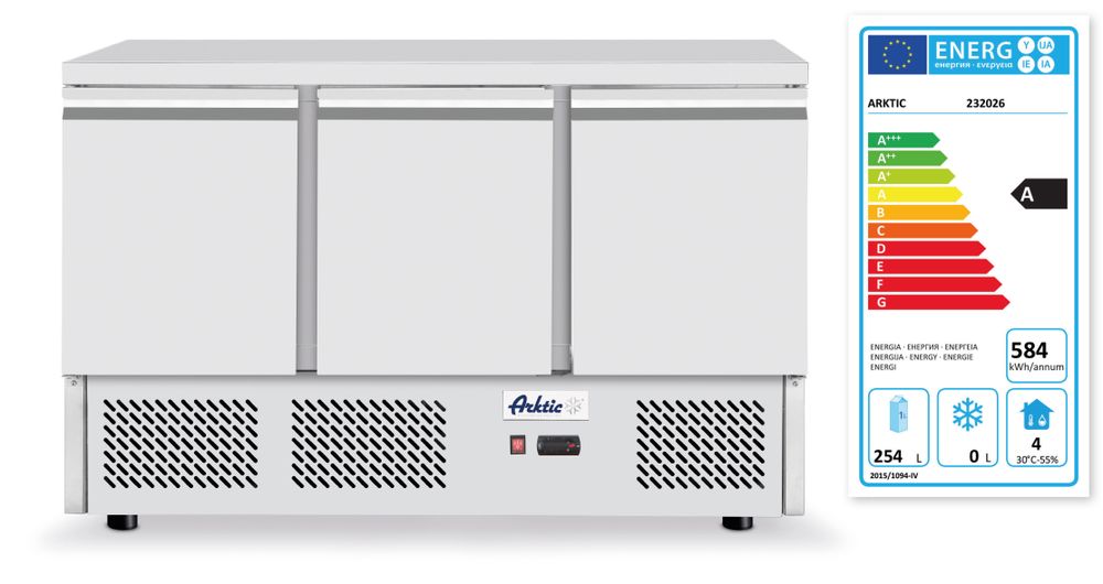 Kühltisch dreitürig Kitchen Line 380L Arktic 230V/220W 1375x700x(H)890mm-ING11209