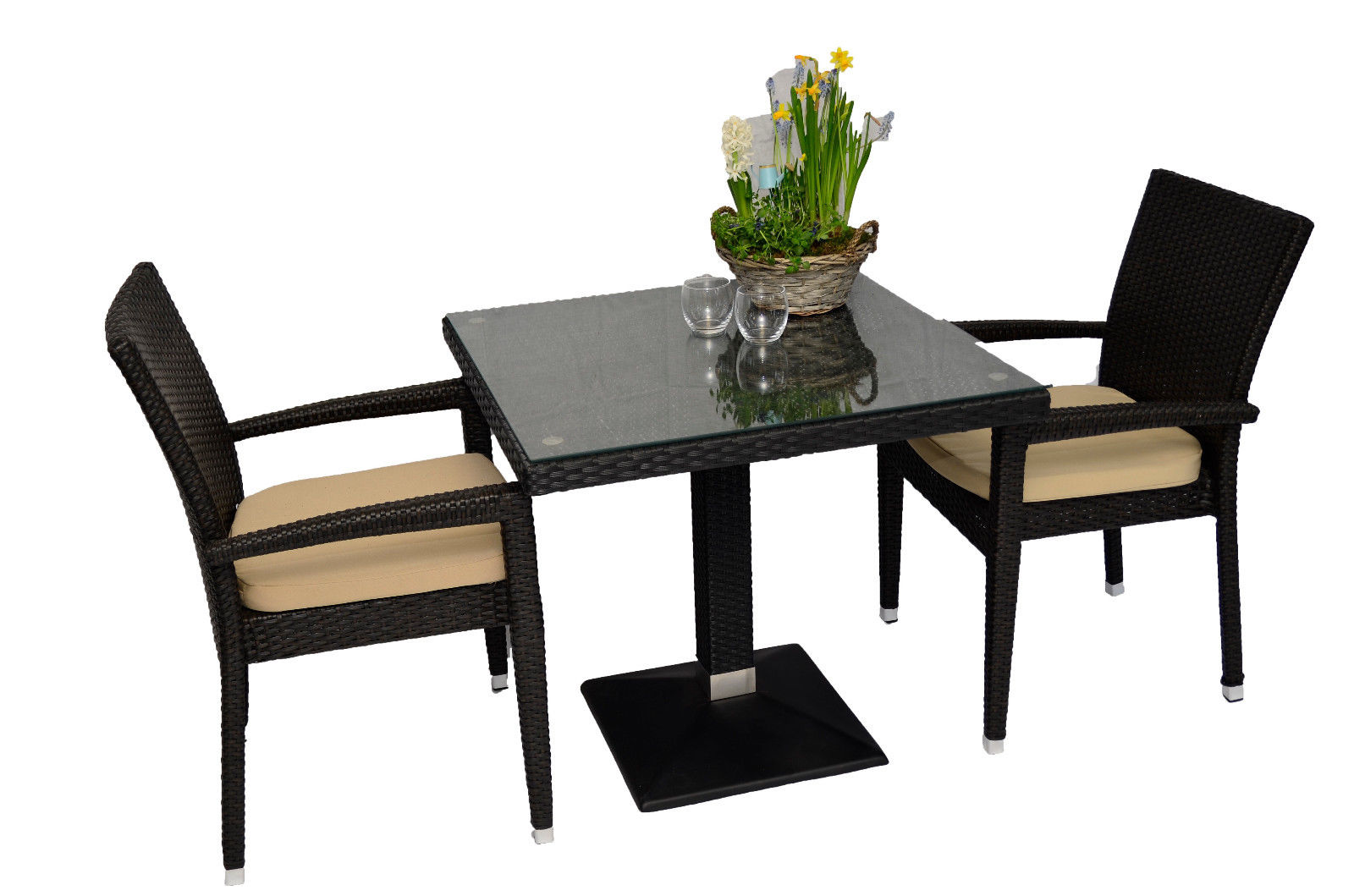 1+2 Set Verona Polyrattan Garten Outdoor Stühle Tisch Rattan stapelbar in Braun-SW10227