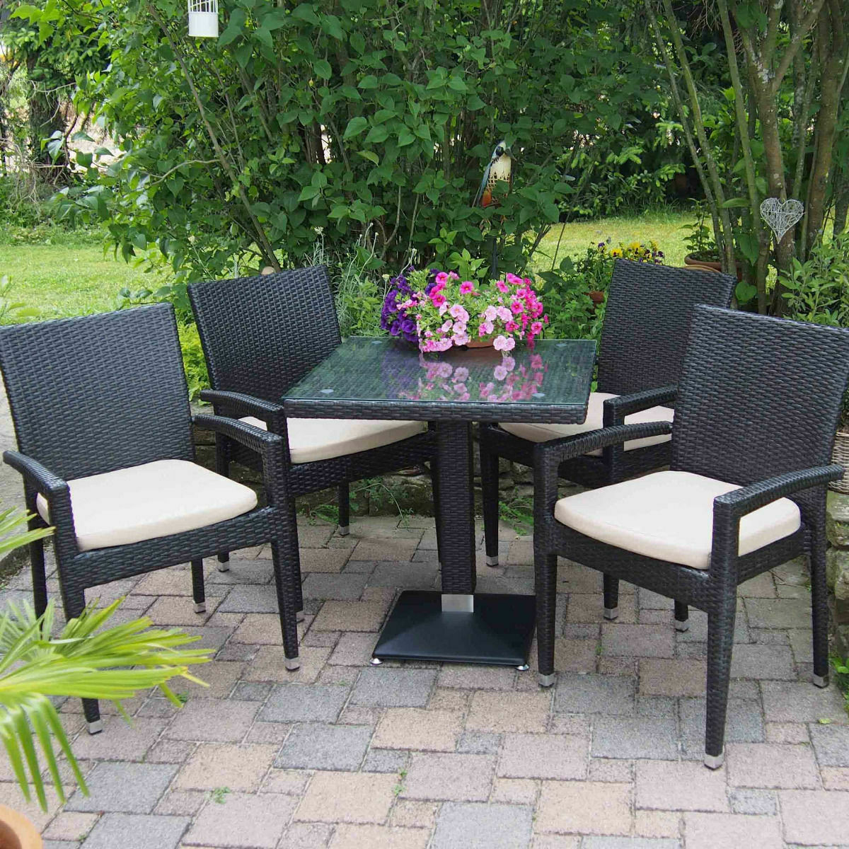 1+4 Set Verona Polyrattan Garten Outdoor Stühle Tisch Rattan stapelbar in Braun-SW10317