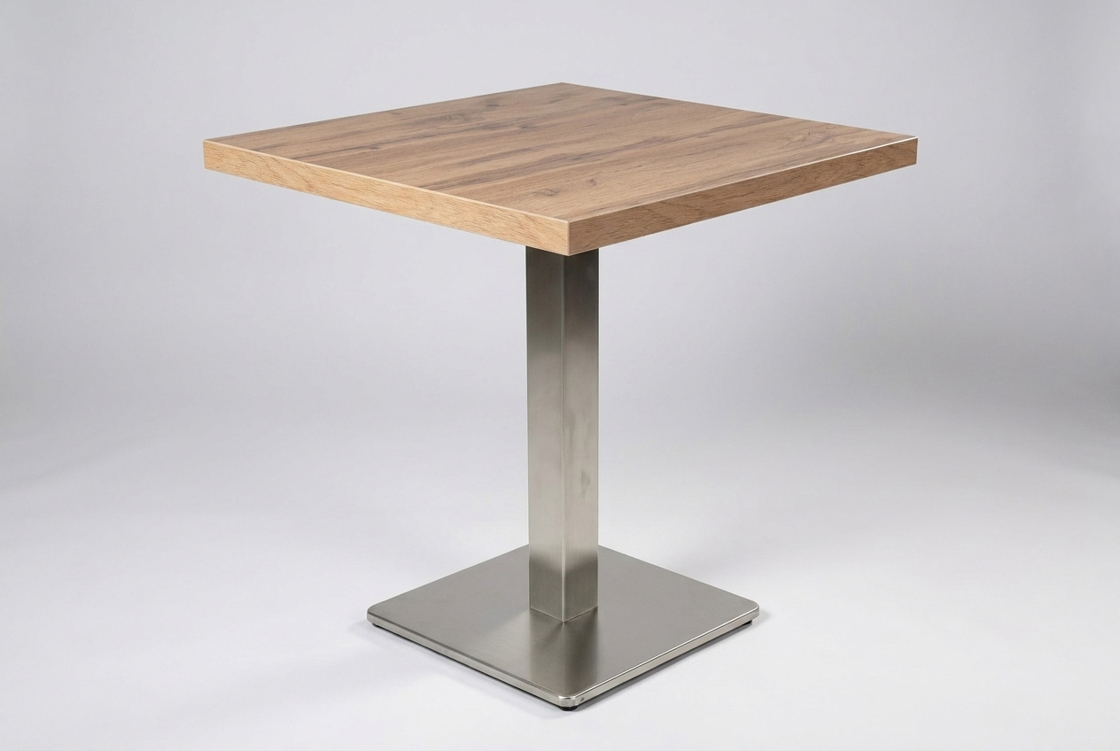 Restaurant bistrobord 80x80cm Andora egetræ gæstebord bordben sølv